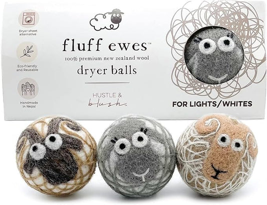 Fluff Ewes Wool Dryer Balls 3 Pack Premium New Zealand Wool Laundry Balls for Dryer, No Static Dryer Balls Laundry Reusable Cute - XL Wool Dryer Balls Cute, Baby Dryer Balls for Dryers - Lights-PawvioPets