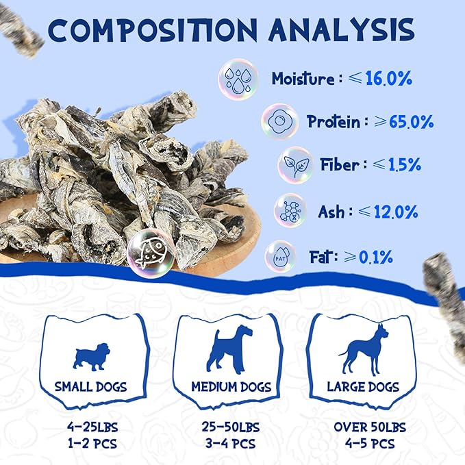Cod Fish Skin Braids Dog Treats Natural Dried Dog Snacks Sticks, High Omega-3 Single Ingredient Cod Skin Chews w/Taurine, 7 oz-PawvioPets
