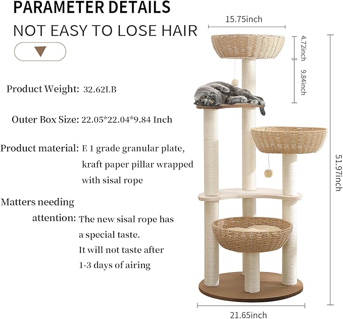 52" Modern Cat Tree Tower for Large Cats, 3Cat Nests Manual Hand Woven Multilevel Huge Paws Pals Cat Tree, Wood Cat Tower, Cat Scratching Tree, Cat Condo, Cat Lover Gift-PawvioPets