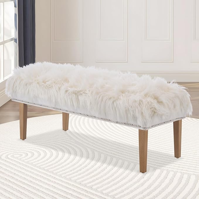 46 Inch White Bedroom Bench, Modern Multi-Purpose Bench with Wooden Legs, Faux Fur Upholstered, 3-Seater, 220 lbs Weight Capacity-PawvioPets
