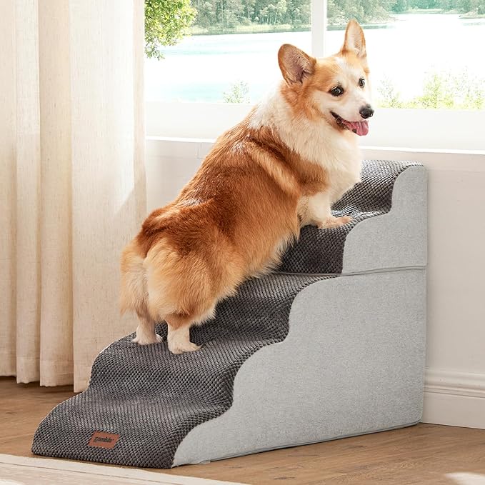 Dog Stairs for High Beds 22.8" H - Pet Stairs Ramp for Couch, 35D Foam Dog Steps for Small to Large Dogs with Non-Slip Bottom Grey, 5 Steps-PawvioPets