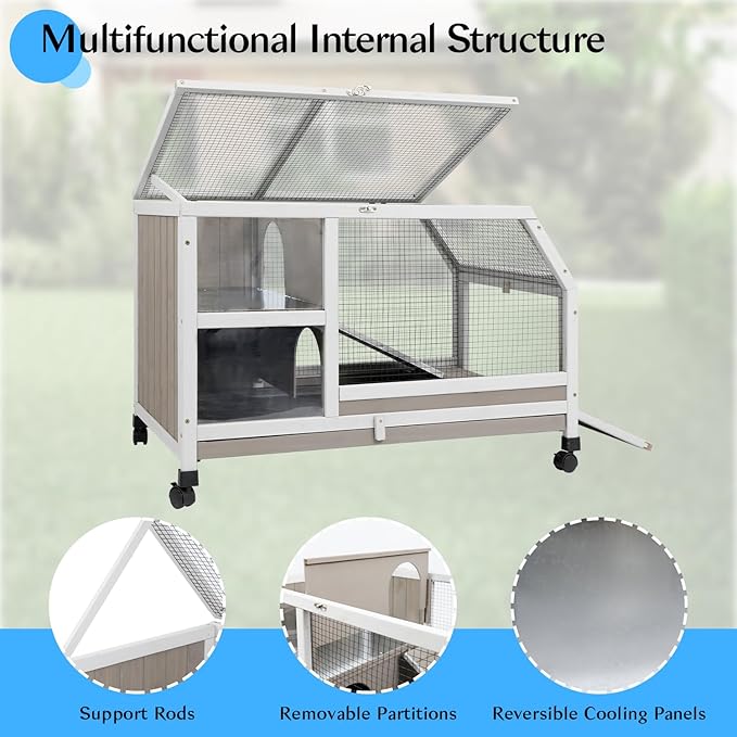 36''L Rabbit Hutch Outdoor with Casters and Run, Wooden Indoor 2 Story Guinea Pig Cage with Divider Panel, Pull Out Tray, Rabbit Duck Bunny House for Small to Medium Animals and Pet Lover, Gray-PawvioPets