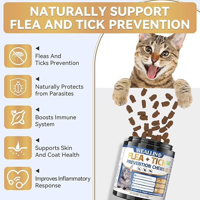 Flea and Tick Prevention for Cats, 200 Soft Chews for Fleas Treatment for Cats, Natural Cat Oral Flea Chewables Support Supplement, Flea and Tick Chews for All Breeds & Sizes-PawvioPets