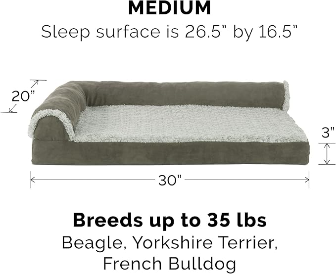 Furhaven Cooling Gel Dog Bed for Medium/Small Dogs w/ Removable Bolsters & Washable Cover, For Dogs Up to 35 lbs - Two-Tone Plush Faux Fur & Suede L Shaped Chaise - Dark Sage, Medium-PawvioPets