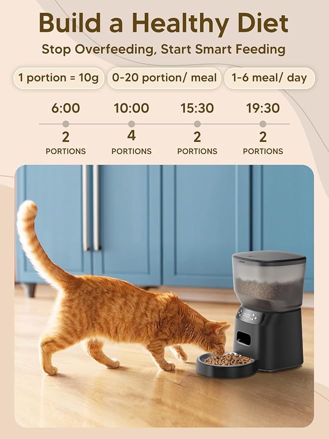 Automatic Cat Feeder and Water Fountain, 4L/16 Cups Timed Cat Dry Food Dispenser, 10s Meal Call, 20 Portions 6 Meals Per Day, 2L Cats Fountains for Drinking with Filter, Pet Feeder for Dog Black-PawvioPets