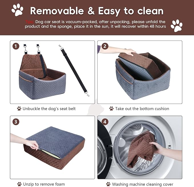 Dog Car Seat for Small Medium Dogs, Soft Fabric Dog Booster Seat with Storage Pockets, Safety Belt, Comfy Pet Car Seat Travel Bed, Removable and Washable-PawvioPets