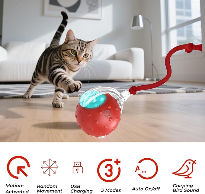 3-Pack Interactive Cat Toys Ball - 2025 New Gen with Smart Obstacle Avoidance & Auto Wake-Up,Includes 4 Speedy Tail 2.0 Ropes,Cat Spiral Spring 12Pcs, Ideal Kitten Toys for Bored Indoor Cats-PawvioPets