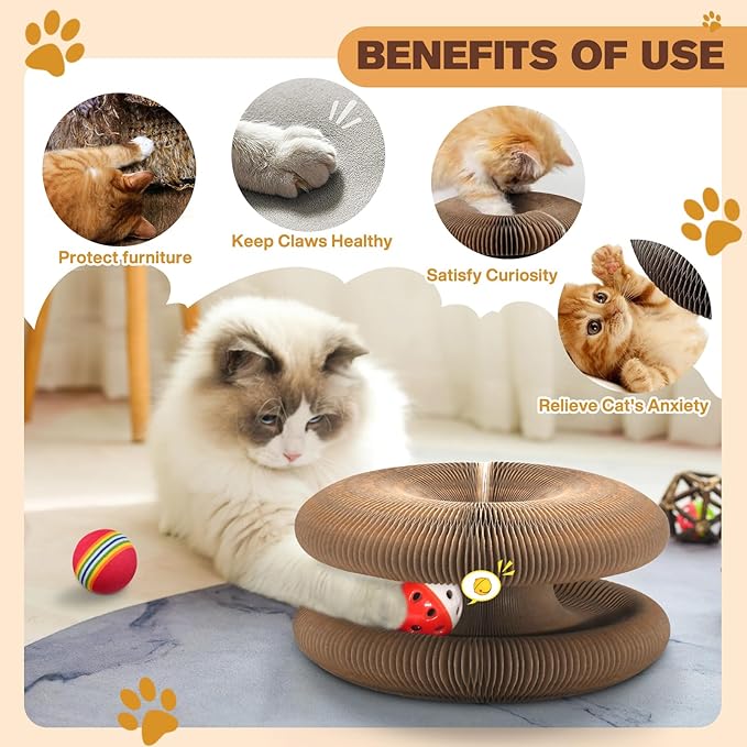 2 PCS Magic Organ Cat Scratcher Board with 6 Balls, Foldable Recyclable Accordion Cats Toy with Ball and Track Adventure, Cat Scratching Pad, Retractable Reversible Furniture Protector(Brown)-PawvioPets