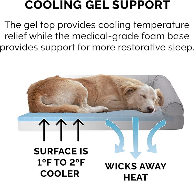 Furhaven Cooling Gel Dog Bed for Large/Medium Dogs w/ Removable Bolsters & Washable Cover, For Dogs Up to 55 lbs - Pinsonic Quilted Paw L Shaped Chaise - Titanium, Large-PawvioPets