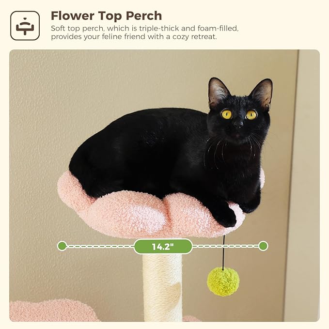 Flower Cat Tree, 62-Inch Large Cat Tower for Multi-Cat Households w/Scratching Posts, Multi-Level Cat Condo w/Cozy Top Perch & Scratching Pad, Padded Platform, 2 Pompoms, Pink-PawvioPets