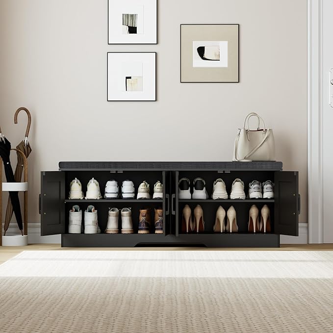 2-Tier Storage Bench, Shoe Bench with Padded Seat Cushion, Entryway Bench with 4 Barn Doors, Adjustable Shelf, 13.8" D x 47.2" W x 17.7" H, for Entryway, Living Room, Bedroom, Black-PawvioPets