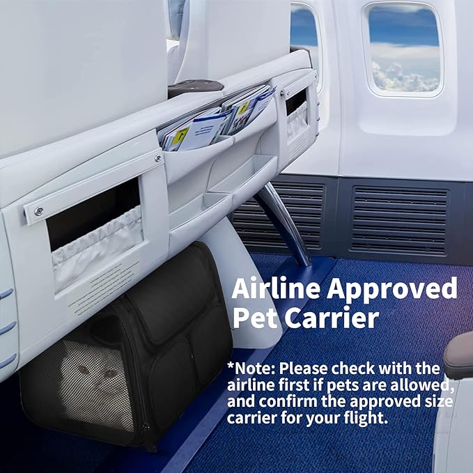 FUKUMARU Cat Carrier, 4 Mesh Windows Small Dog Carrier, 4 Storage Pockets Cat Travel Bag, Under 15 lb Airline Approved Pet Carrier, Rollable Cover for Nervous Cats, Black-PawvioPets