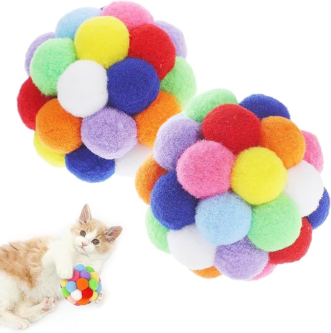 9PCS Cat Toy Balls, 1,75'' Soft Pom Pom Ball for Kittens, Colorful Soft Fuzzy Balls Built-in Bell for Cats, Interactive Playing Chewing Toys for Indoor Cats and Kittens, Cute Kitten Kitty Toys-PawvioPets