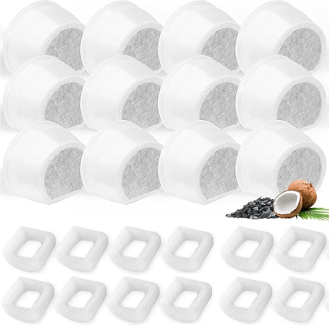 24 Pack Cat Water Fountain Filters Replacement, 12 Carbon Filters and 12 Foam Sponge Pre-Filter Fit for Multiple Ceramic and Stainless Steel Pet Fountains-PawvioPets
