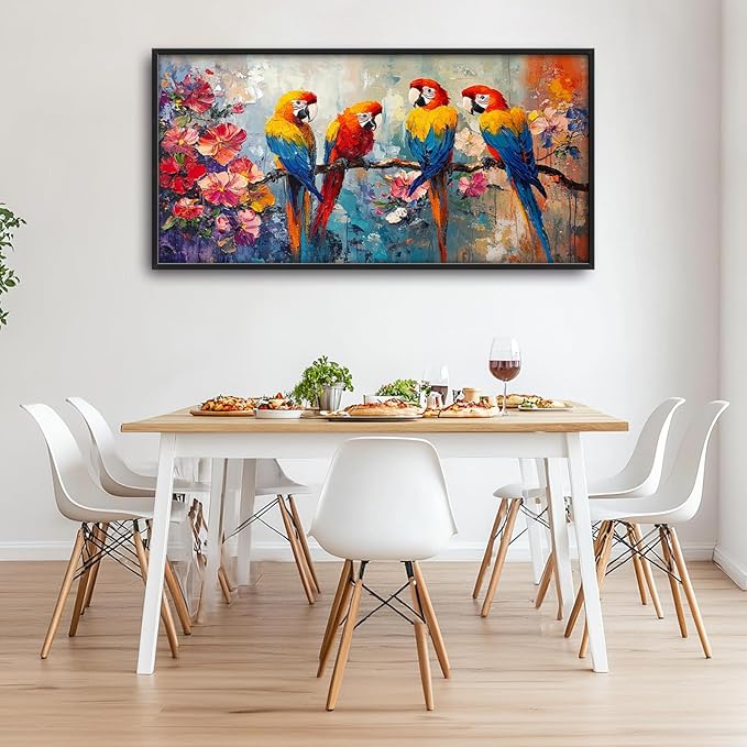 Extra Large Framed Parrot Bird Wall Art,Oversized Abstract Colorful Parrots Flower Wall Decor Pictures for Living Room,Canvas Print Painting Modern Artwork Bedroom Office Bathroom Home Decor 60L x30W-PawvioPets