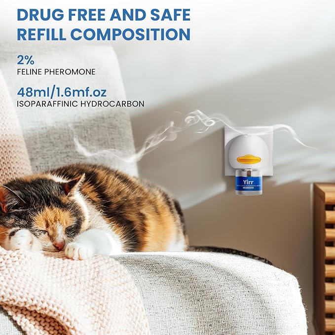 Cat Calming Diffuser, Cat Pheromones Calming Diffuser, Multicat Calming Diffuser, Relaxing Pheromone for Cat Relief Stress Anxiety Fighting Scratching, 2 Diffuser 4 Refill(48ml)-PawvioPets