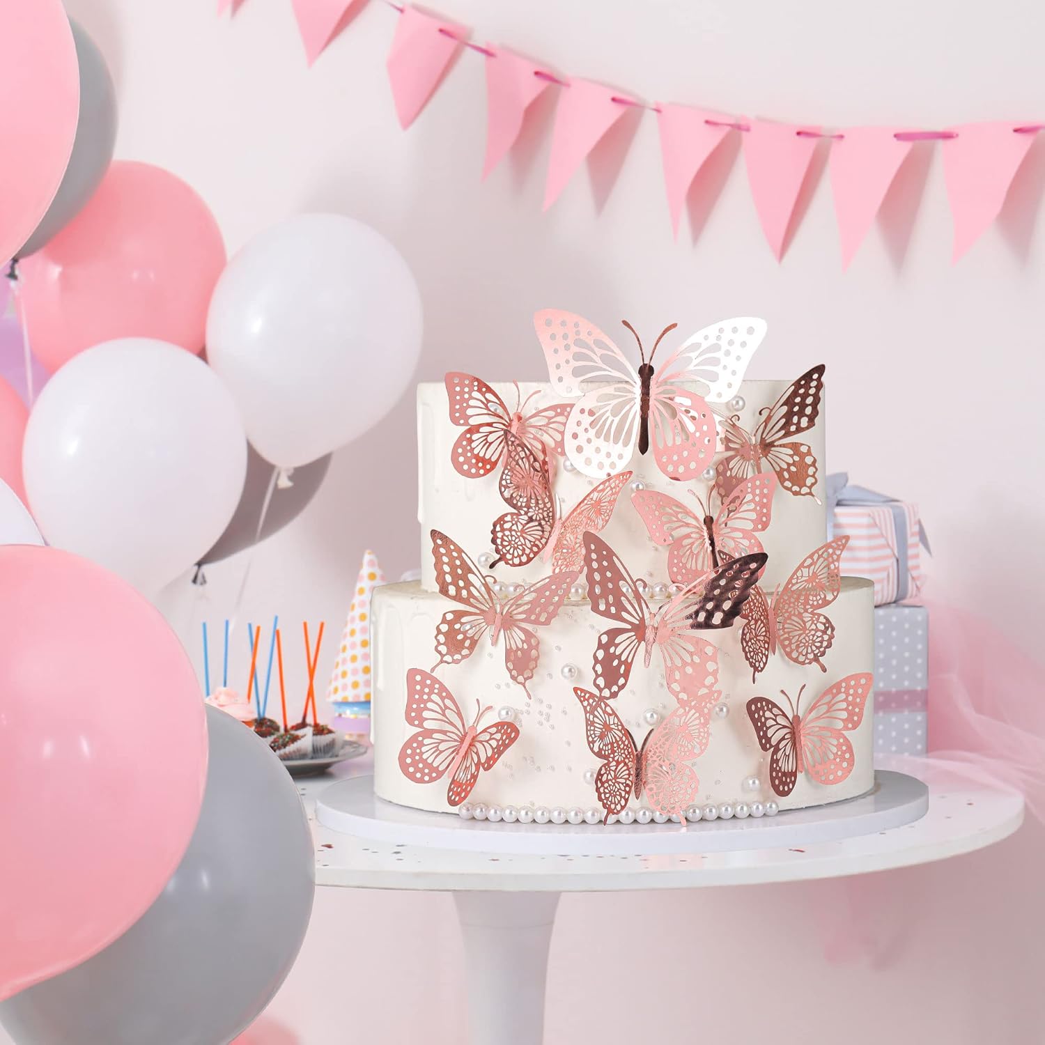 Gyufise 36 Pack Rose Gold Glitter 3D Cupcake Toppers - Hollow Butterfly Cake Decorations for Birthday Wedding Fairy Party - Wall Sticker Decal for Background Wall Decoration