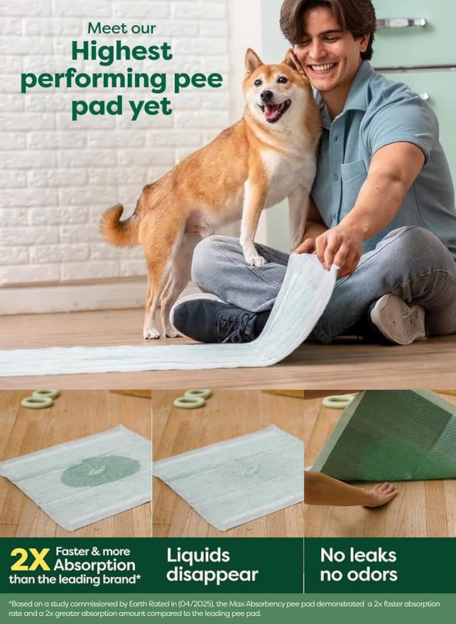 Earth Rated Max Absorbency Puppy Pee Pads for Dogs Absorbs 2X Faster & 2X More, Leak-Proof Odor-Free Potty Training Wee Wee Pad, Unscented, XL, 28” x 34”, 40 Count-PawvioPets