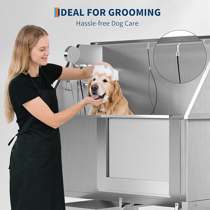 50" Stainless Steel Professional Dog Washing Station - Pet Bathing Tub w/Non-Slip Stairs & Storage Shelf | Slip-Resistant Floor Grate | for Large/Medium/Small Dogs-PawvioPets