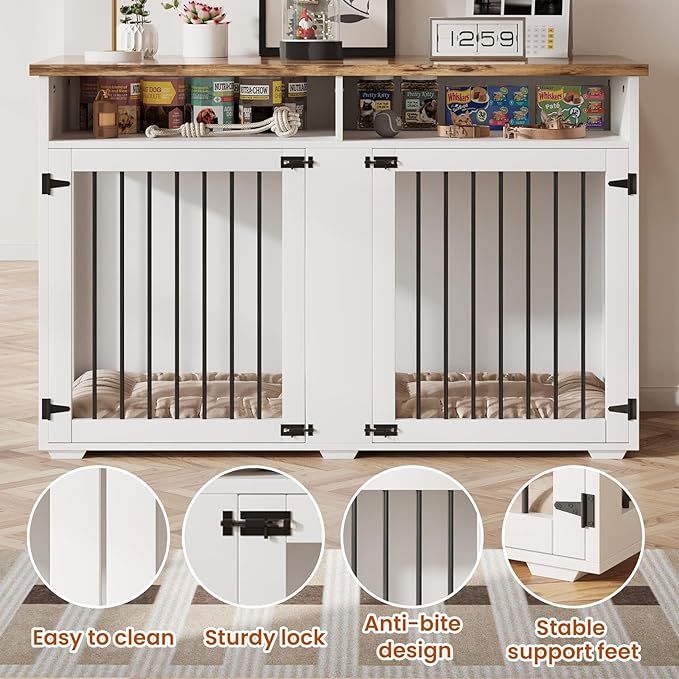 Dog Crate Furniture for 2 Dogs, 55 Inch Dog Crate Indoor with Removable Divider and Shelf Storage, Wooden Dog Crates for Medium/Large Dogs, White-PawvioPets