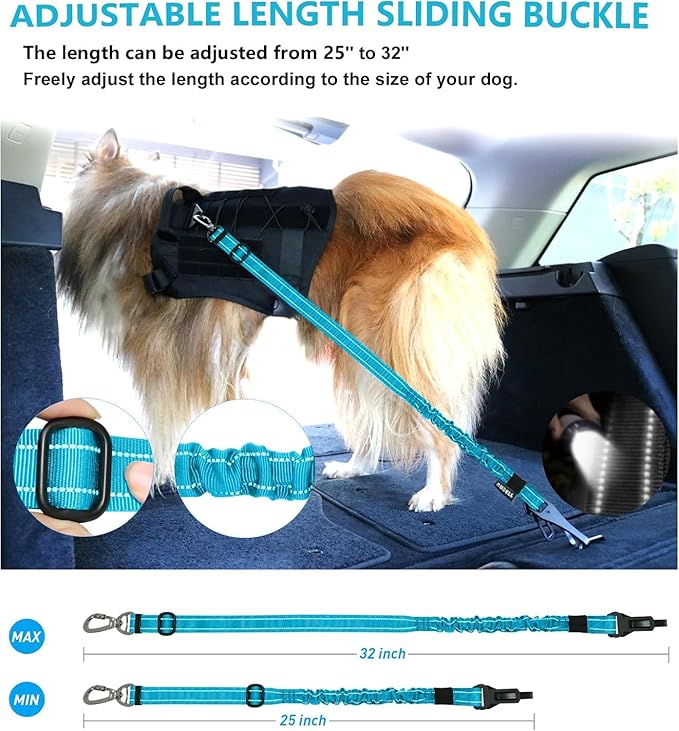 AUBELL Dog Seat Belt for Car,2 Pack Set 3-in-1 Adjustable Reflective Bungee Heavy Duty Dog Car Harness Tether with Clip Hook Latch & Buckle,Swivel Zinc Alloy Carabiner,Black+Blue-PawvioPets
