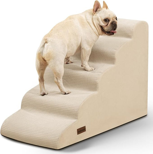 5-Step Dog Stairs and Ramp for High Bed,Non-Slip Sturdy Pet Steps for Small Dogs and Cats,22.2" H,Beige-PawvioPets