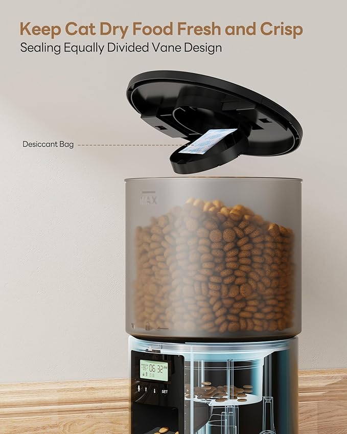 Automatic Cat Feeder Food Dispenser: 6L Timed Small Dog Dry Food Dispenser with 10s Voice - Distributeur Nourriture Chat Hund Programmable - Auto Pet Feeder with 1-6 Meals Black-PawvioPets