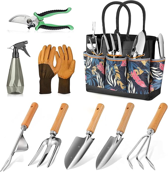 Gardening Tools 9-Piece Heavy Duty Garden Hand Tools with Fashion and Durable Garden Tools Organizer Handbag, Rust-Proof Garden Tool Set, Ideal Gardening Gifts for Women-PawvioPets