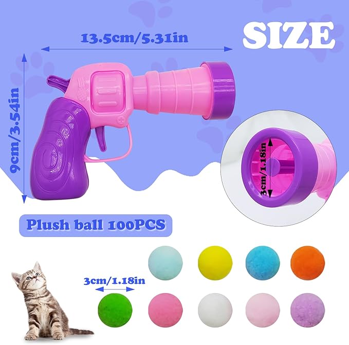 Andiker Plush Pom Pom Balls Set - Interactive Cat Toy (30pcs - Pink: 100balls, Launcher Set)-PawvioPets