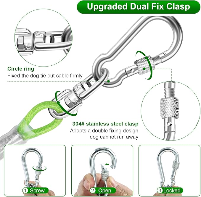 Dog Tie Out Cable for Outside,50FT Heavy Duty Dog Leash&Chains with Swivel Hook,Small-Large Dogs Runner Cable for Dogs Up to 250lbs, Long Lead Line for Yard Outdoor and Camping (250lbs 50FT, Green)-PawvioPets