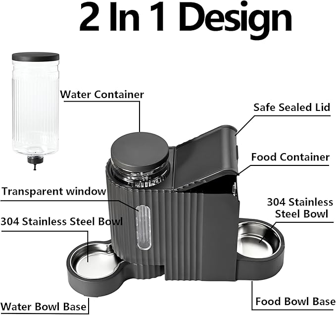 Automatic Cat Food Feeder and Water Dispenser,2 in 1 Gravity Cat Feeder and Water Dispenser with Stainless Steel Bowl,2 Pack Large Capacity Self Feeding for Small Medium Pets Puppy Kitten-PawvioPets