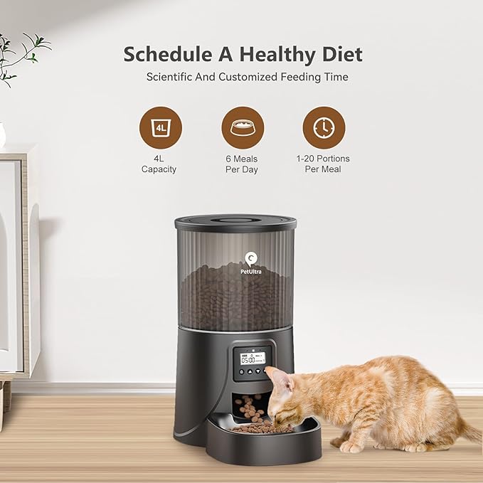 Automatic Cat Feeder: 4L Timed Cats Food Dispenser Programmable 1-6 Meal for Cat and Small Medium Dog- Auto Pet Feeder Easy to Set Up Dual Power Supply with Desiccant Bag| Detachable Washable-PawvioPets