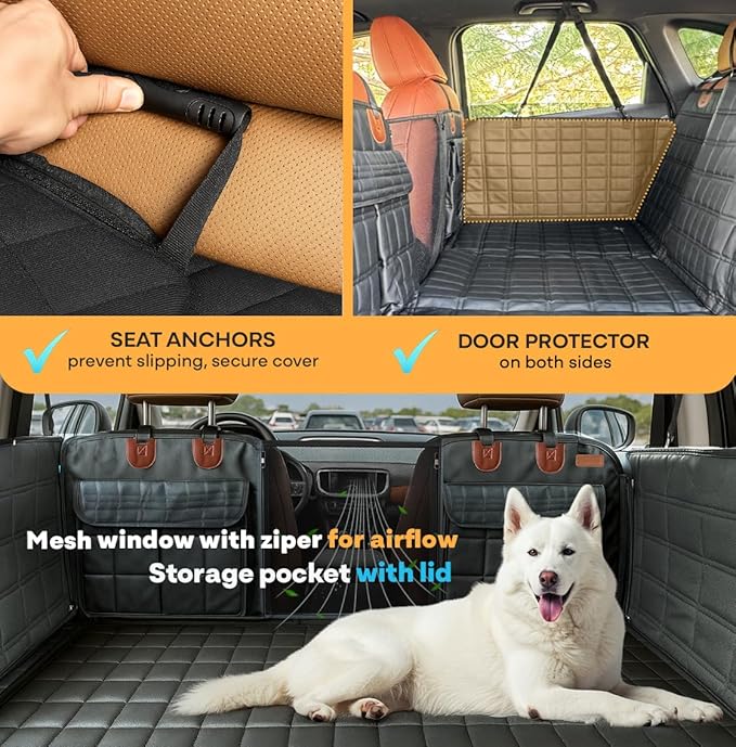 APetsPlanet Dog Car Seat Cover for Back Seat Hard Bottom - Waterproof Backseat Extender for Dogs - Pet Hammock Bed for Car, Truck, SUV with Mesh Window & Storage - Black Leather, with Door Covers-PawvioPets