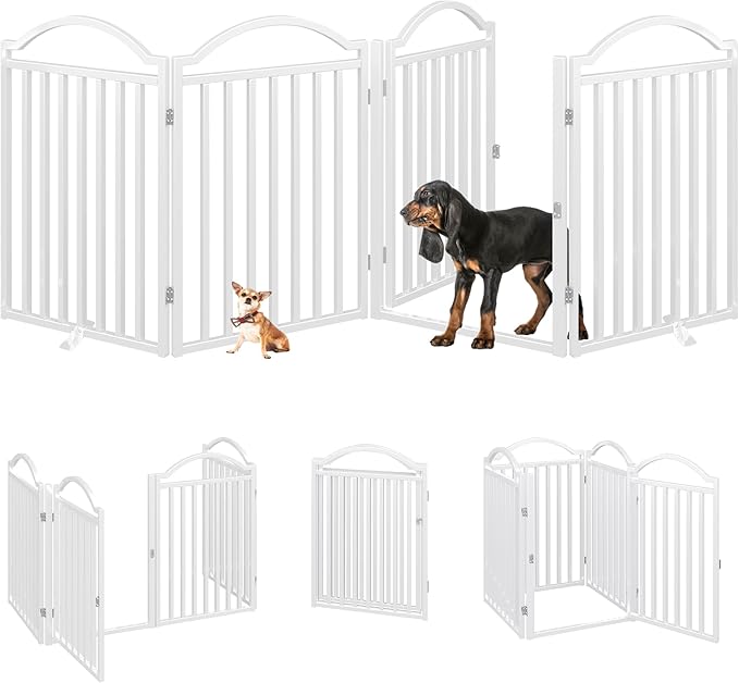 BHG Metal No-Assembly Freestanding Dog Gate with Door Walk Through, Extra Wide 96", Extra Tall 32" Pet Gate, Accordion Puppy Folding Playpen Dog Fence for Indoor & Outdoor, with 2PCS Support - White-PawvioPets