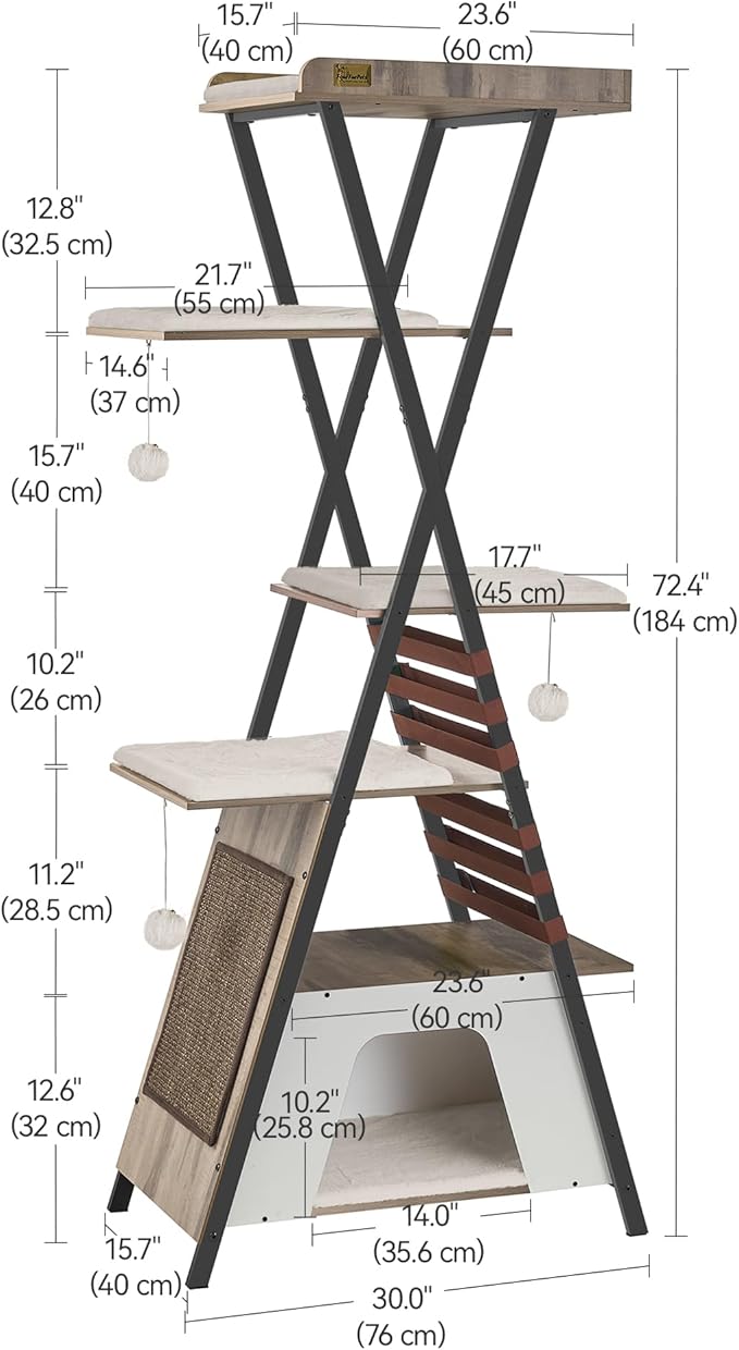 FourFurPets 72.4" Cat Tree, Modern Cat Tower for Indoor Cats, Multi-Level Cat Condo with Caves, Tall Cat Tree with Cat Scratching Board, Wooden Cat Tower with Large Perch, Removable Pads, Camel Brown-PawvioPets