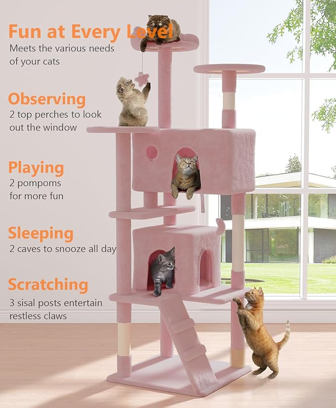 70'' Cat Tree Tower for Indoor Cats Large Adult,Cute/Tall Modern Cat Tree for Big Cats 20 lbs,Plush Multi-Level Cat Condo with Scratching Posts,Dangling Ball for Fun Play(Soft Pink, 70 inch)-PawvioPets