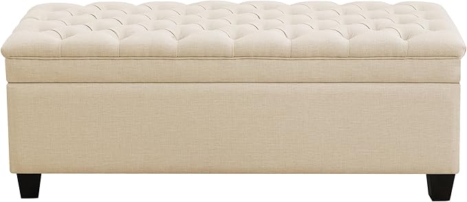 51" Fabric Storage Ottoman Bench, Upholstered Rectangle End of Bed Storage Ottoman Tufted Living Room Bedroom Bench with Safety Hinge, Solid Wood Legs, Loads 500 lb(Khaki)-PawvioPets