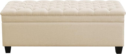 51" Fabric Storage Ottoman Bench, Upholstered Rectangle End of Bed Storage Ottoman Tufted Living Room Bedroom Bench with Safety Hinge, Solid Wood Legs, Loads 500 lb(Khaki)-PawvioPets