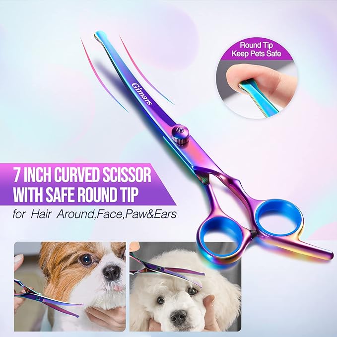 Gimars Dog Grooming Scissors Kit Professional 4CR with Safety Round Tip, 5 in 1 Heavy Duty Titanium Coated Thinning & Curved & Straight Shears-PawvioPets