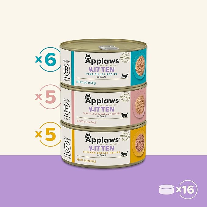 Applaws Natural Wet Cat Food in Broth, Limited Ingredient Canned Wet Cat Food, No Additives, Made with Natural Ingredients, Kitten Variety in Broth Cans (16 x 2.47oz Cans)-PawvioPets