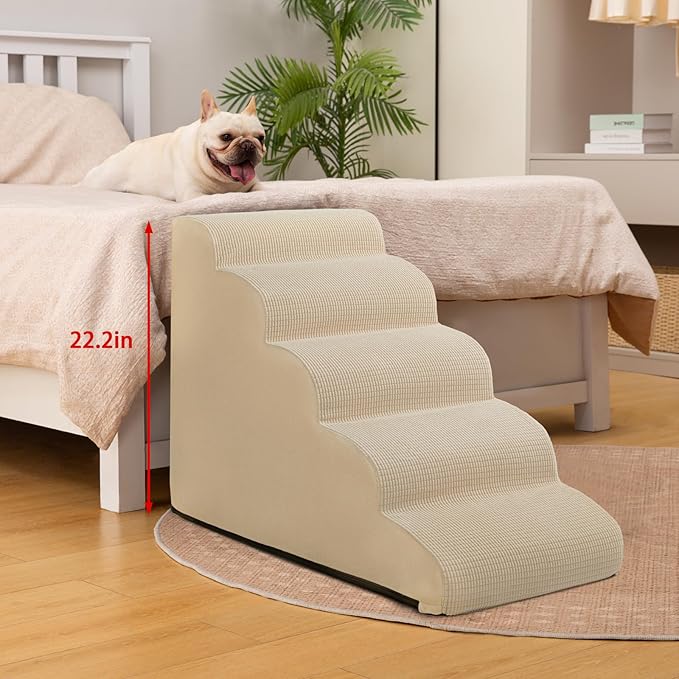 5-Step Dog Stairs and Ramp for High Bed,Non-Slip Sturdy Pet Steps for Small Dogs and Cats,22.2" H,Beige-PawvioPets