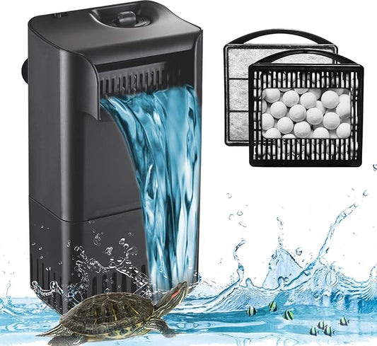 222GPH 10W Turtle Tank Filter Aquarium Filter Power Adjustable 10-40 Gal. Small Internal Filter 3-Stage Waterfall Bio-Filtration Quiet Low Water Level for Freshwater Saltwater Fish Tank Easy to Clean-PawvioPets