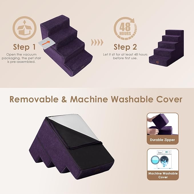 EHEYCIGA Dog Stairs for High Bed 22.5" H, 5-Step Dog Steps for Bed, Pet Steps for Small Dogs and Cats, Non-Slip Balanced Pet Ramp Indoor, Purple-PawvioPets