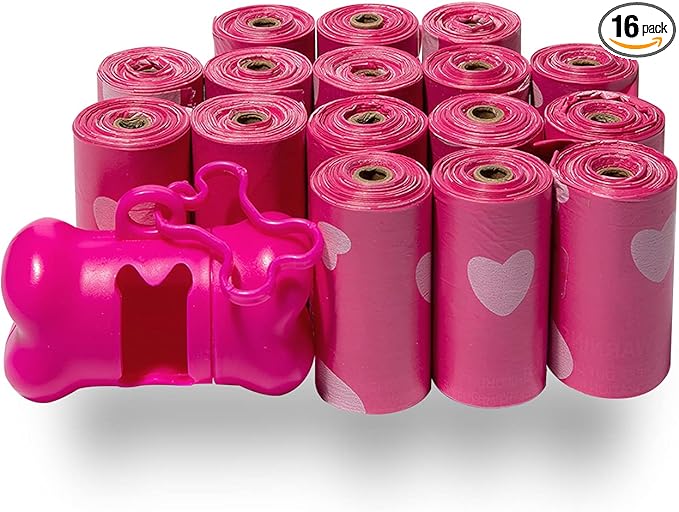 Best Pet Supplies Dog Poop Bags (240 Bags) for Waste Refuse Cleanup, Doggy Roll Replacements for Outdoor Puppy Walking and Travel, Leak Proof and Tear Resistant, Thick Plastic - Pink Heart-PawvioPets