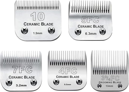 5PACK Dog Grooming Clipper Replacement Blades Compatible with Andis Pet Clipper/Oster A5/Wahl KM Series Dog Clipper with Ceramic Blade & Stainless Steel Blade (#10+5FC+7FC+3FC+4FC)-PawvioPets