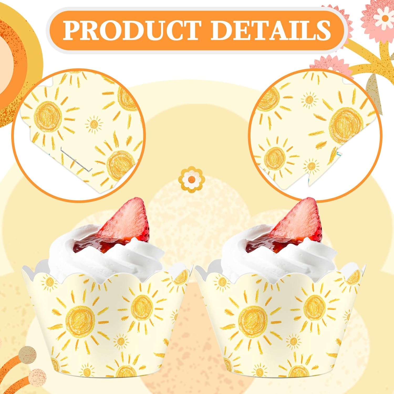 Domensi 100 Pcs Bohemian Sun Cupcake Wrappers Rustic Yellow Sunshine Cupcake Liners Baking Cups Baking Liners for Summer Picnic Wedding Bridal Baby Shower Birthday Party Supplies Dessert Decoration