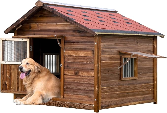 Extra Large Dog House Outdoor Made of Solid Pine Wood, Warm Doghouse, Dog House with Elevated Floor for Large Dogs, (Wood, 2XL)-PawvioPets