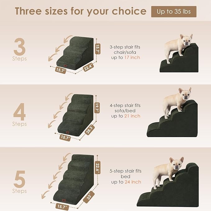 EHEYCIGA Curved Dog Stairs Ramp for High Beds 22.6" H, 5-Step Dog Steps for Small Dogs and Cats, Pet Stairs for High Bed Climbing, Non-Slip Balanced Pet Step Indoor, Olive Green-PawvioPets
