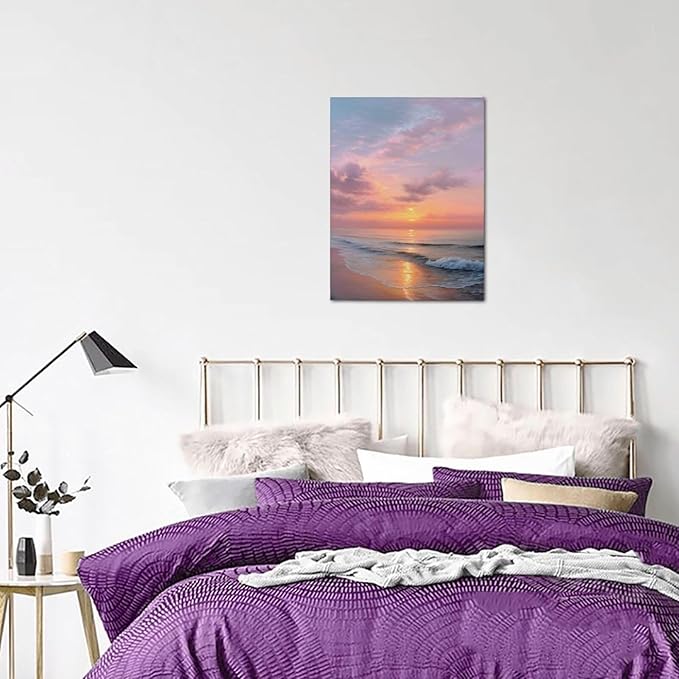 Beach Sunset Wall Art Ocean Coastal Scenery Wall Decor Seascape Picture Canvas Landscape Painting Print Framed Artwork Decorations for Living Room Office Bedroom Kitchen 12"x16"-PawvioPets