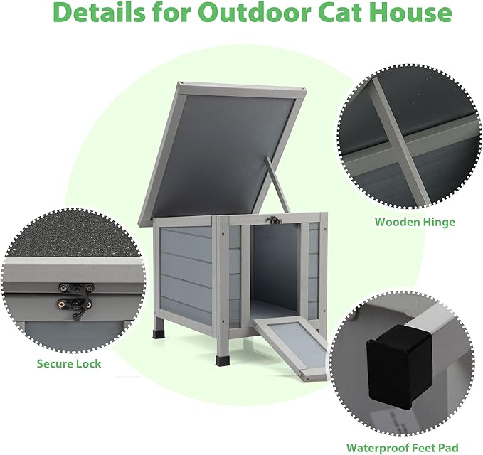 Coziwow Rabbit Hutch, Outdoor Cat House Weatherproof, Bunny Cage Indoor with Openable, Portable Small Animals Shelters with Nonslip Ramp for Hideout Rabbits/Feral Cats/Chicken/Duck/Small Animals-Gray-PawvioPets